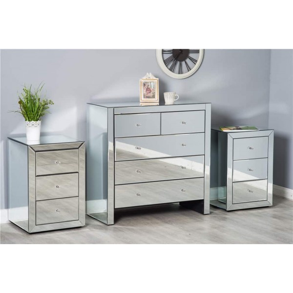 Mirrored Bedroom Furniture Set, Mirrored Bedside Table And Chest Of Drawers Set