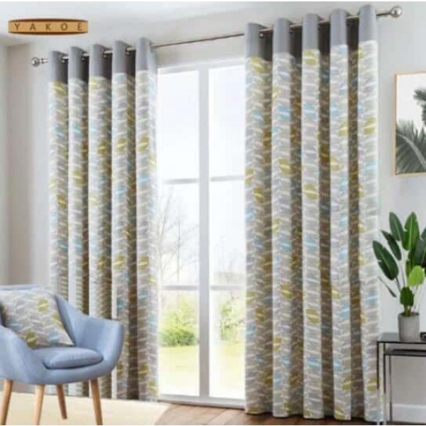 New Luxury Fully Lined Pair Of Eyelet, Yellow And Grey Curtains